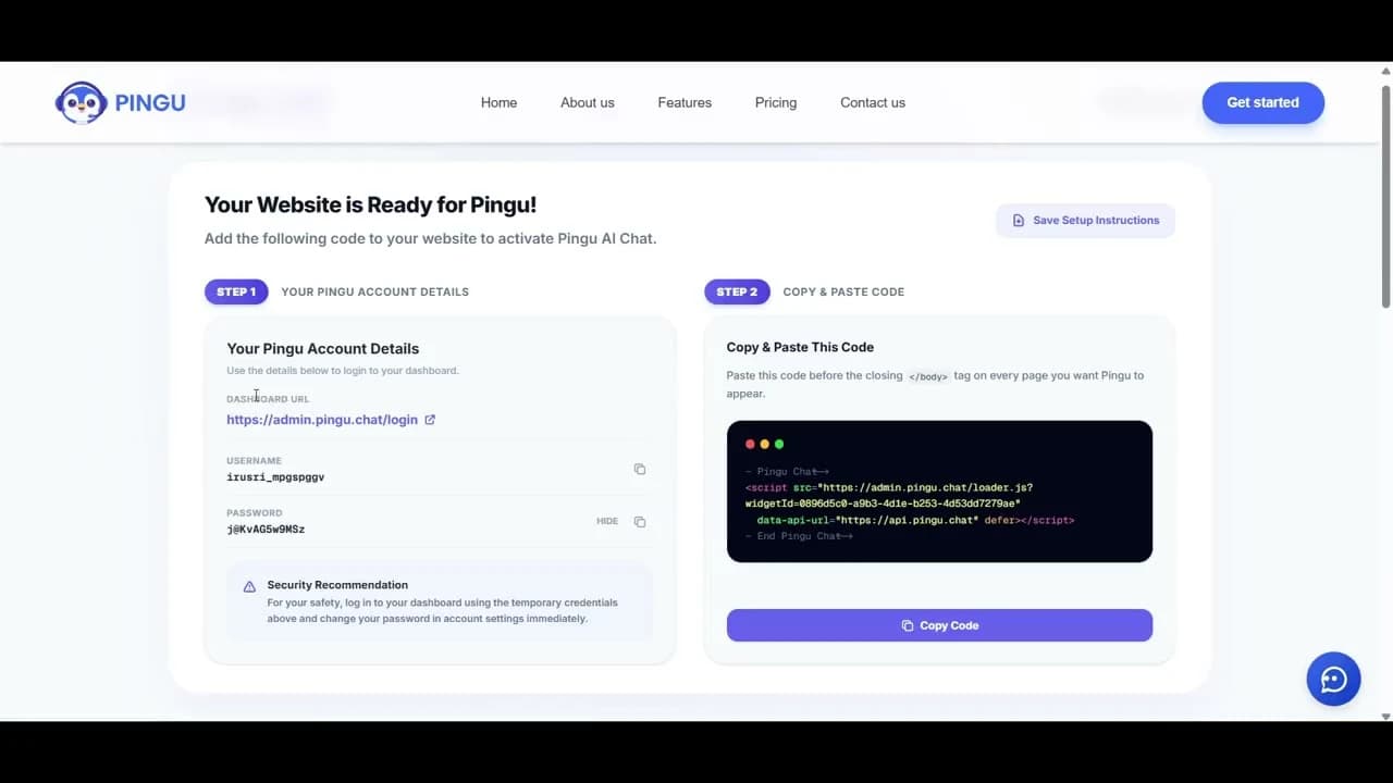 Pingu dashboard showing the AI chat widget setup steps