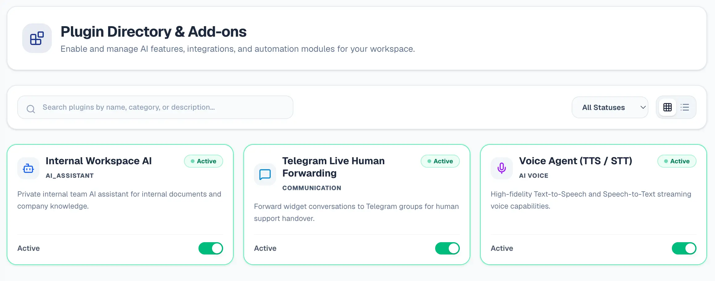 Pingu plugin directory showing AI assistants, checkout, Telegram forwarding, and voice add-ons with activation controls. Pingu plugin directory showing AI assistants, checkout, Telegram forwarding, and voice add-ons with activation controls.